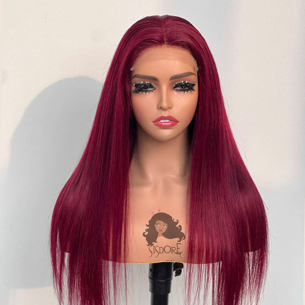 99J lace front wig - burgundy human hair wig straight