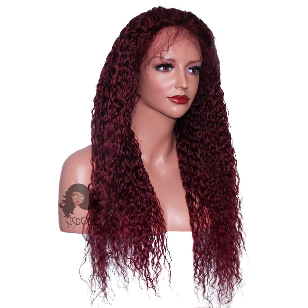 99J burgundy water wave lace front wig, wine red curly human hair wig for black women
