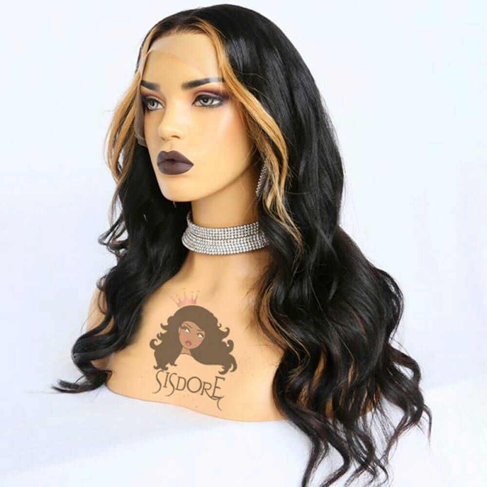 Black Body Wave Wig with Honey Blonde Highlights