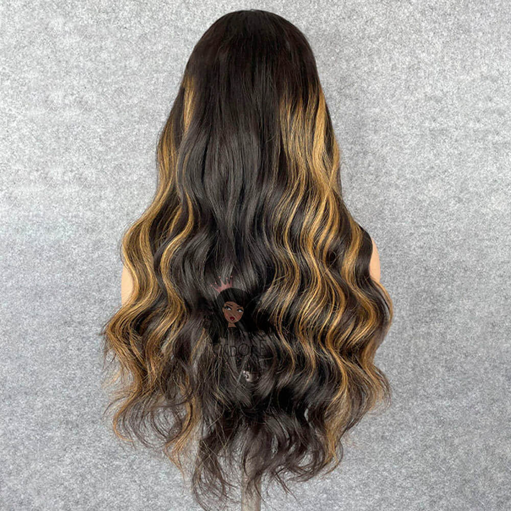 Black Hair Wig with Blonde Highlights, #1B/27 Lace Front Wig Body Wave Real Hair