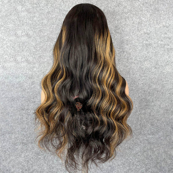 Black Hair Wig with Blonde Highlights, #1B/27 Lace Front Wig Body Wave Real Hair