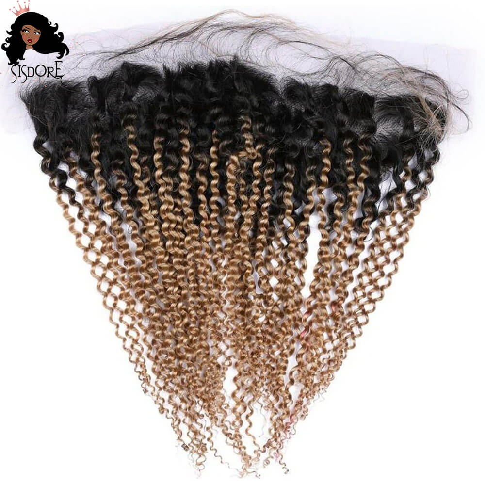 Black to strawberry blonde 1B/27 kinky curly human hair bundles with frontal