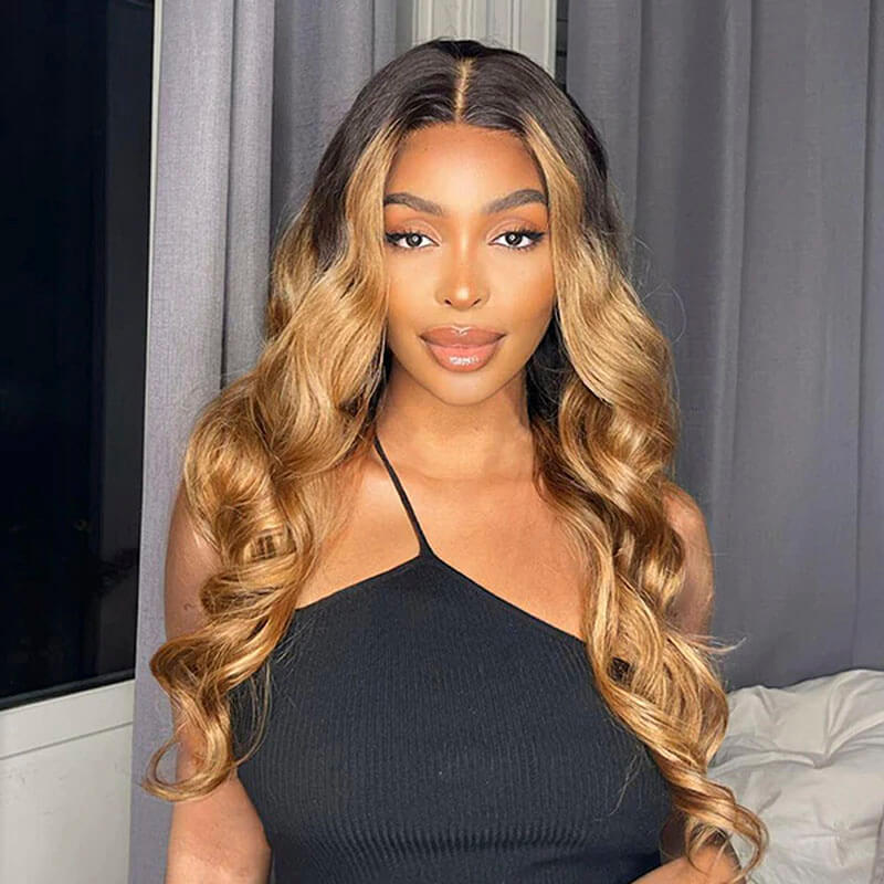 Blonde Highlight Body Wave Wig, 1B/27 Ombre Lace Front Wigs  display picture 2