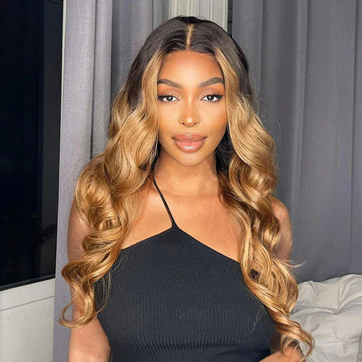 Blonde Highlight Human Hair Wigs, Body Wave Lace Front Wig 1b/27