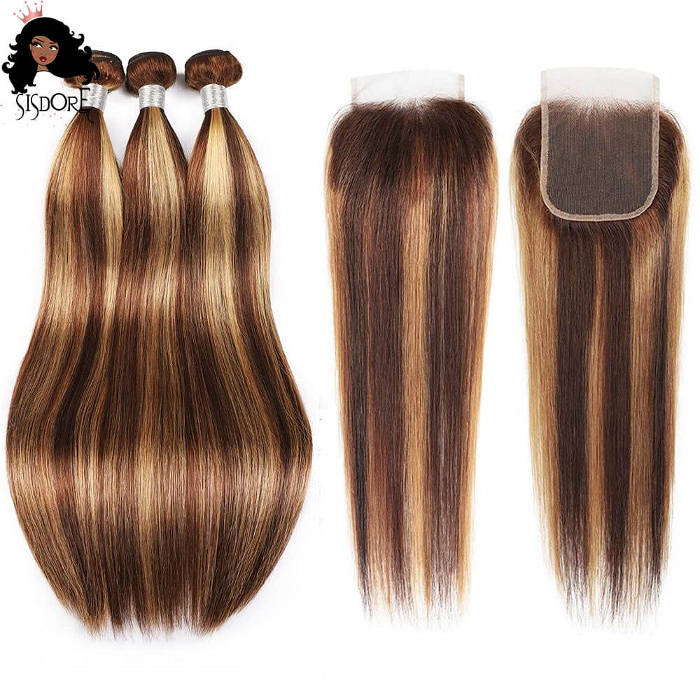 Blonde And Brown Hair Mix Highlight Piano Color Human Hair Bundles With Closure, 4 27  piano color ombre virgin hair weaves 3 bundles with 4x4 lace closure 