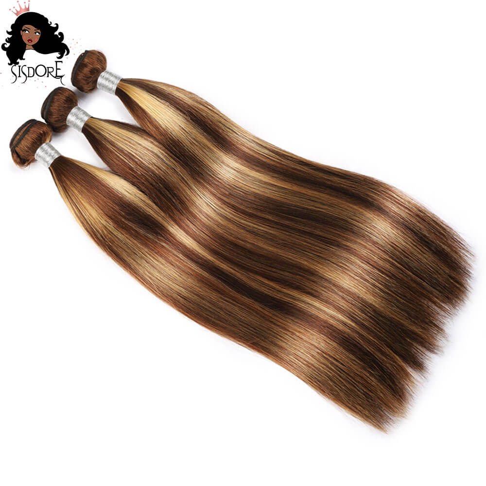 Blonde And Brown Hair Mix Highlight Piano Color Human Hair Bundles With Closure, 4 27  piano color ombre virgin hair weaves 3 bundles 