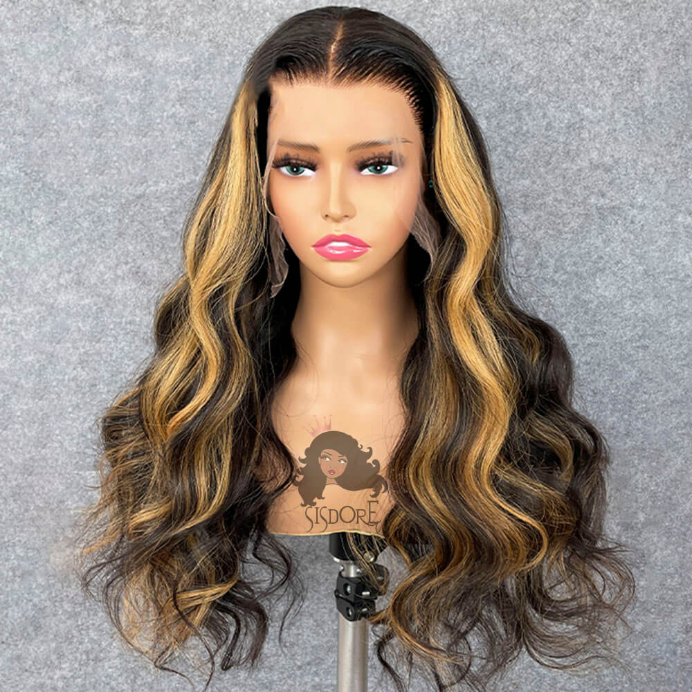 Blonde Highlights Lace Front Wig, 1B/27 Body Wave Human Hair Wigs