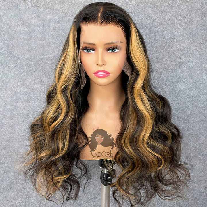 Blonde Highlights Lace Front Wig, 1B/27 Body Wave Human Hair Wigs