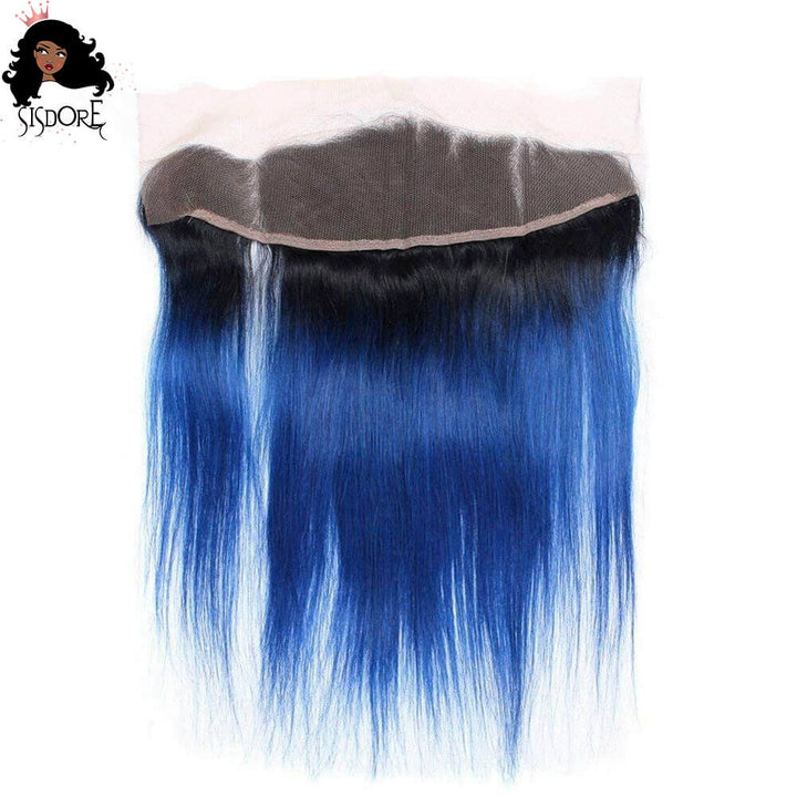 Ombre blue straight human hair bundles with 13x4 lace frontal