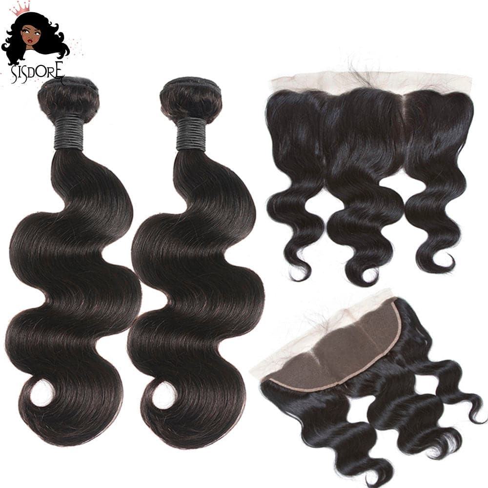 Body Wave Brazilian Hair Weaves 2 bundles with lace frontal Natural Color