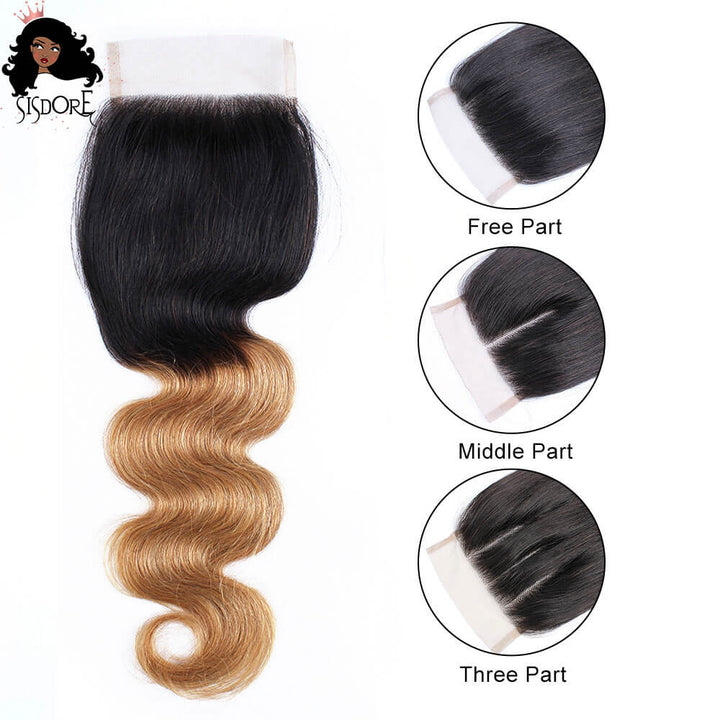 Body Wave Ombre Hair 4x4 Lace Closure Honey Blonde with Black Roots