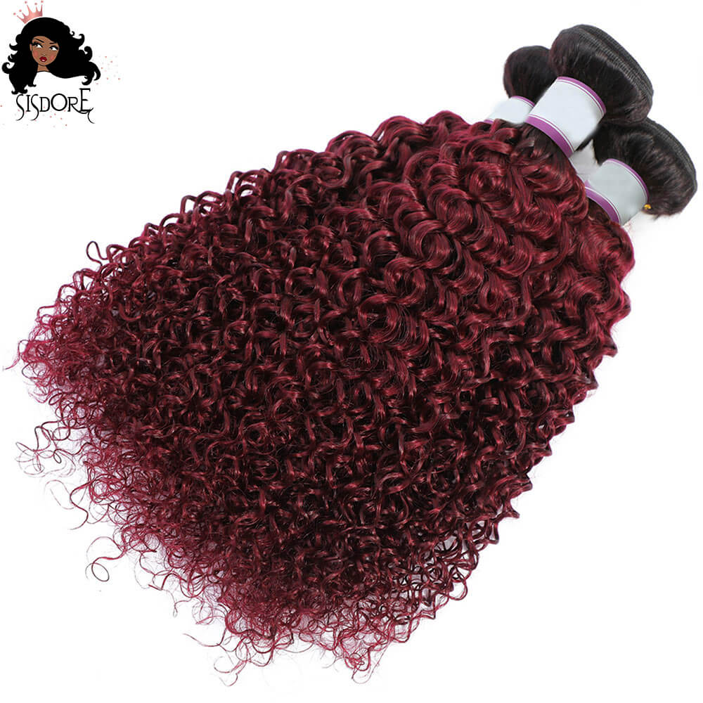 Burgundy Kinky Curly Human Hair Bundles With Black Roots T1B/99J