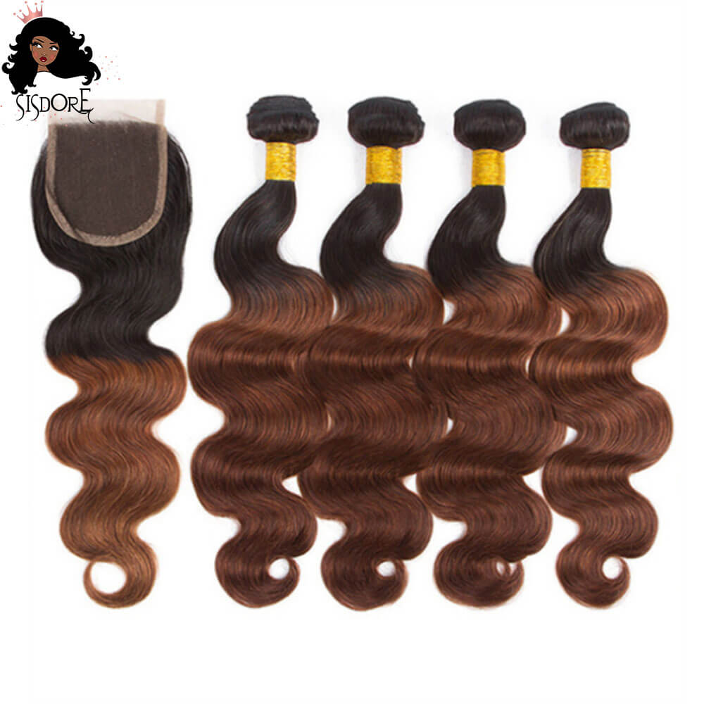 1B/33 ombre body wave bundles with 4x4 lace closure