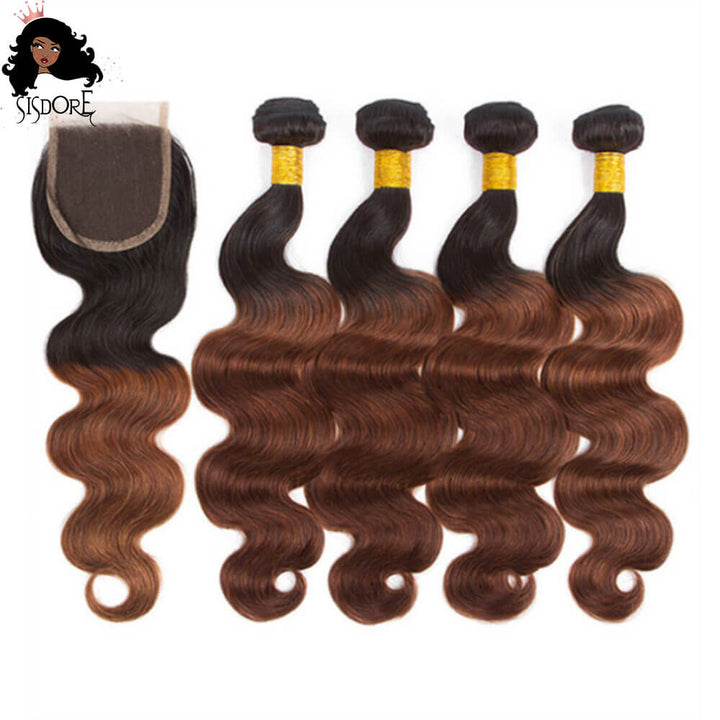 1B/33 ombre body wave bundles with 4x4 lace closure