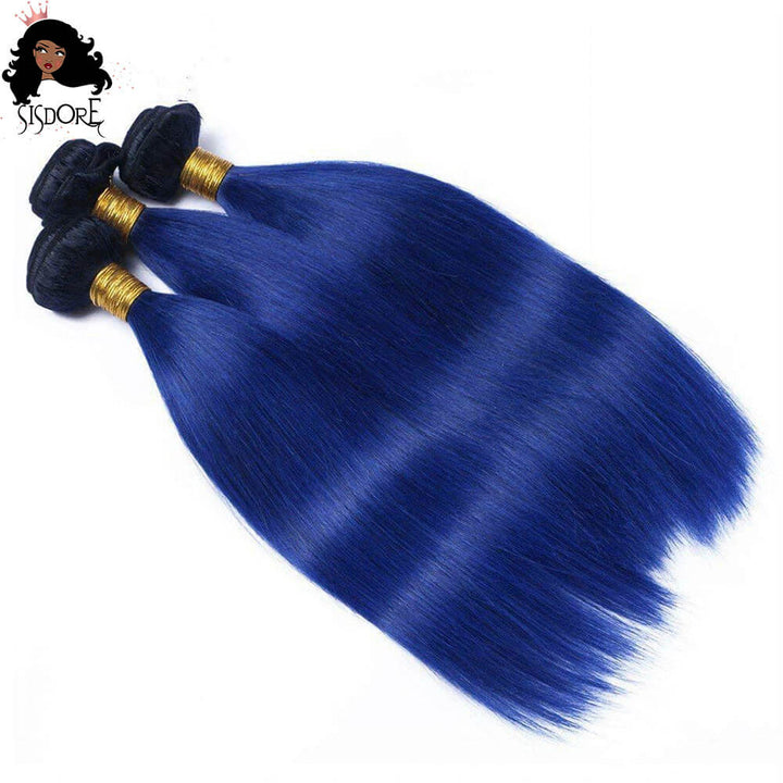Dark Blue with Black Roots Ombre Straight Human Hair Bundles