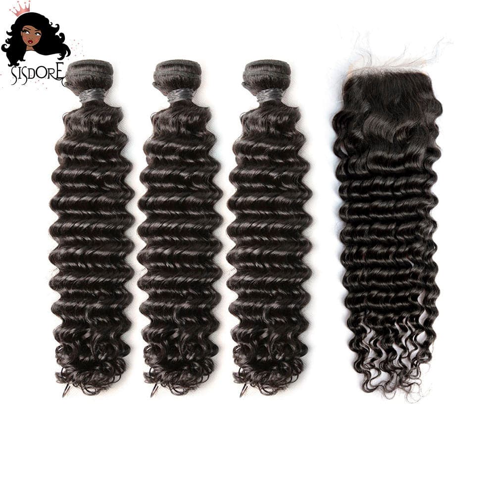 Deep wave human hair bundles with 4x4 HD lace closure