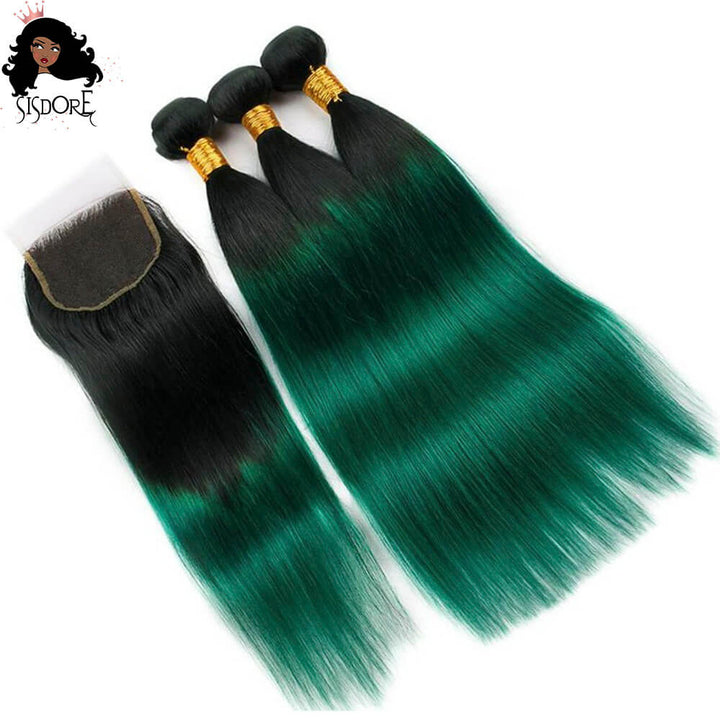 Emerald green ombre straight human hair bundles with lace closure