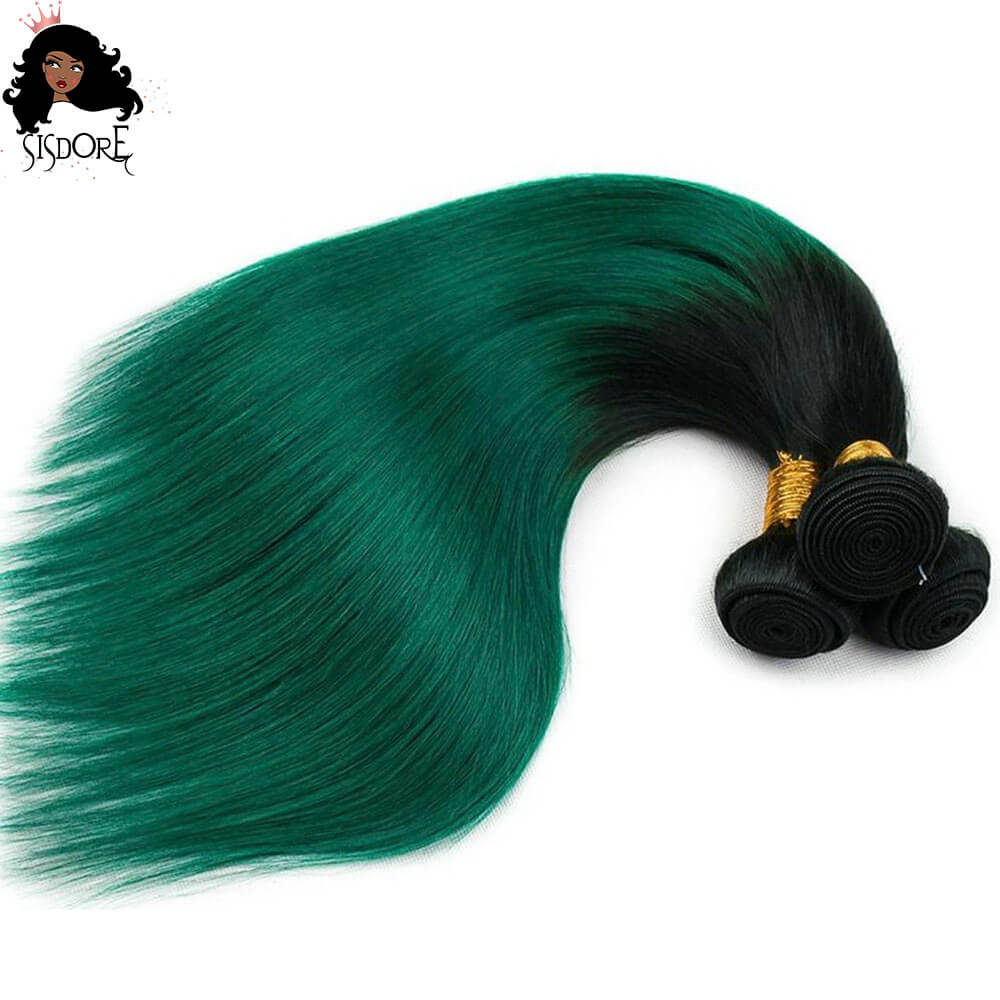Colored human hair bundles, straight emerald green ombre