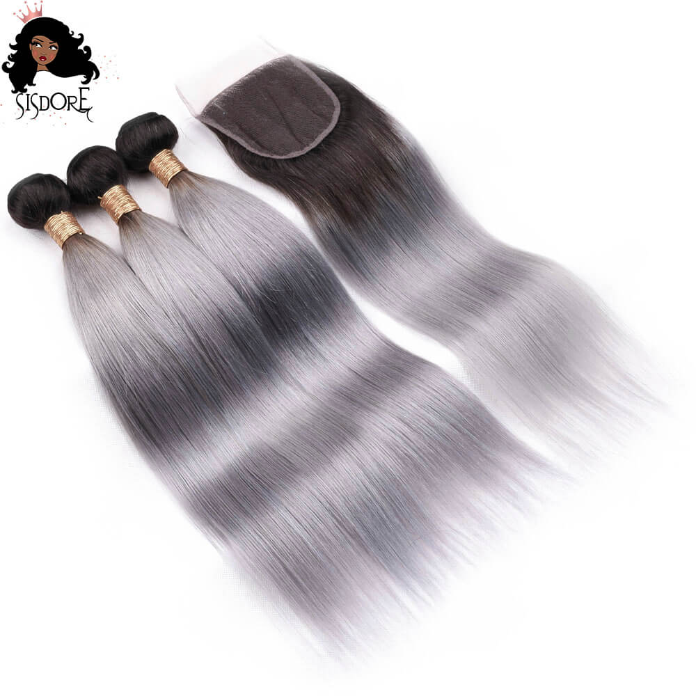 Gray Ombre Straight Hair Bundles with 4x4 Lace Closure