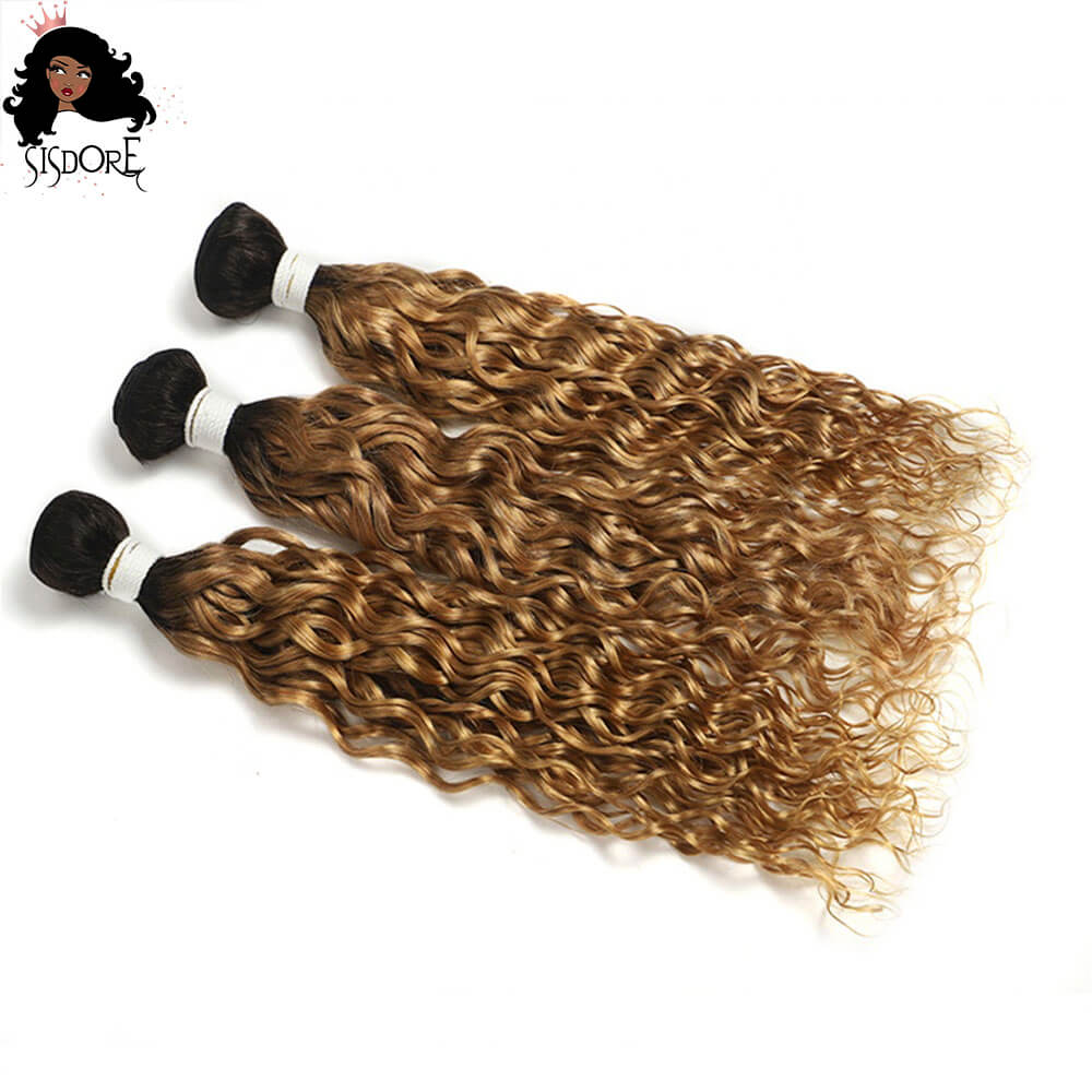 Honey Blonde Water Wave Bundles with Black Roots #1B/27