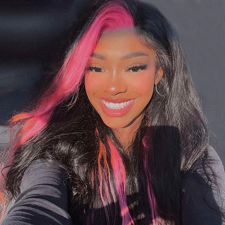 Hot Pink Hair Skunk Stripe Wigs, Pink Streaks in front of Hair middle part human hair lace front wigs