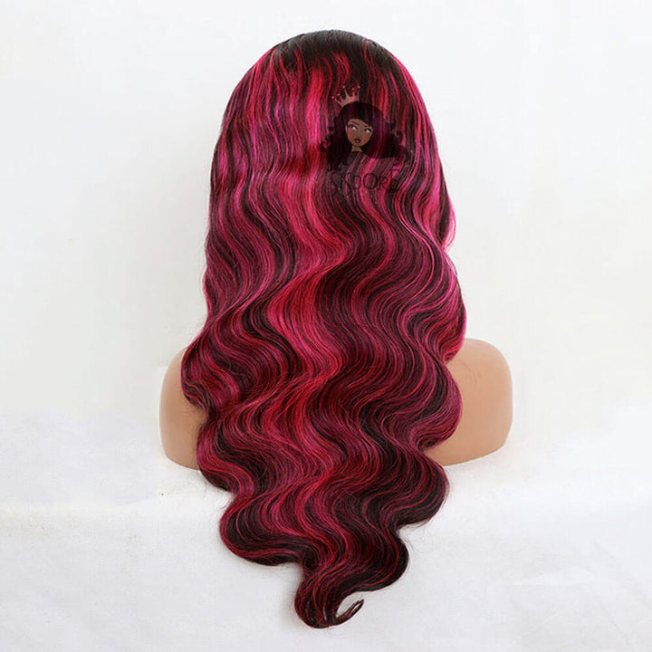 Body Wave Wig - Black with Hot Pink Chunky Highlights