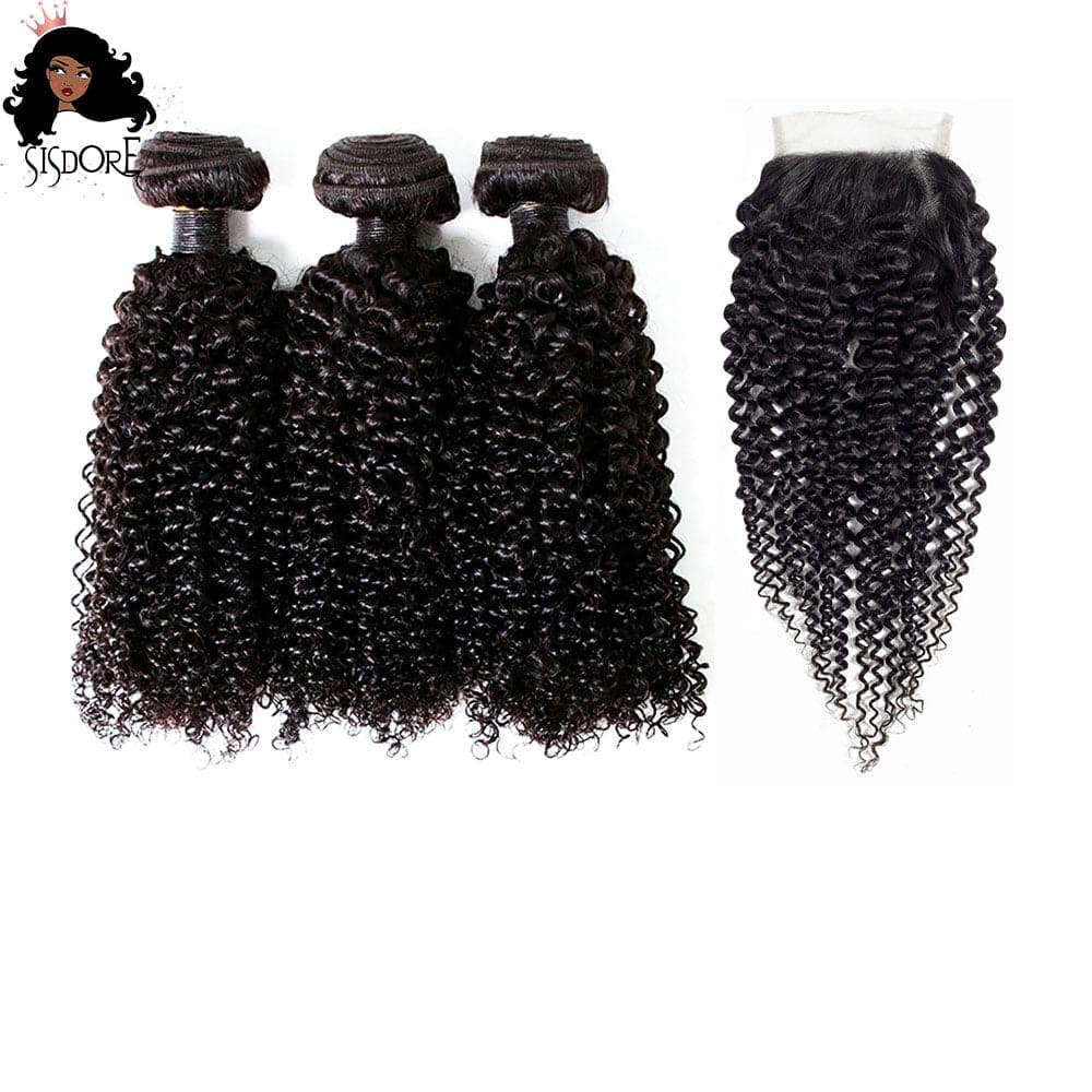 Kinky Curly Hair Weaves 3 Bundles with Lace Closure