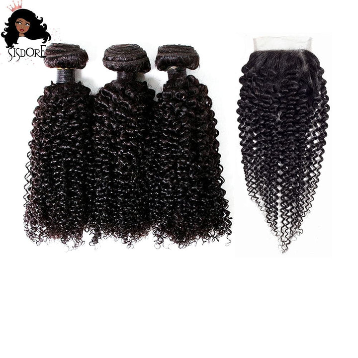 Kinky Curly Hair Weaves 3 Bundles with Lace Closure