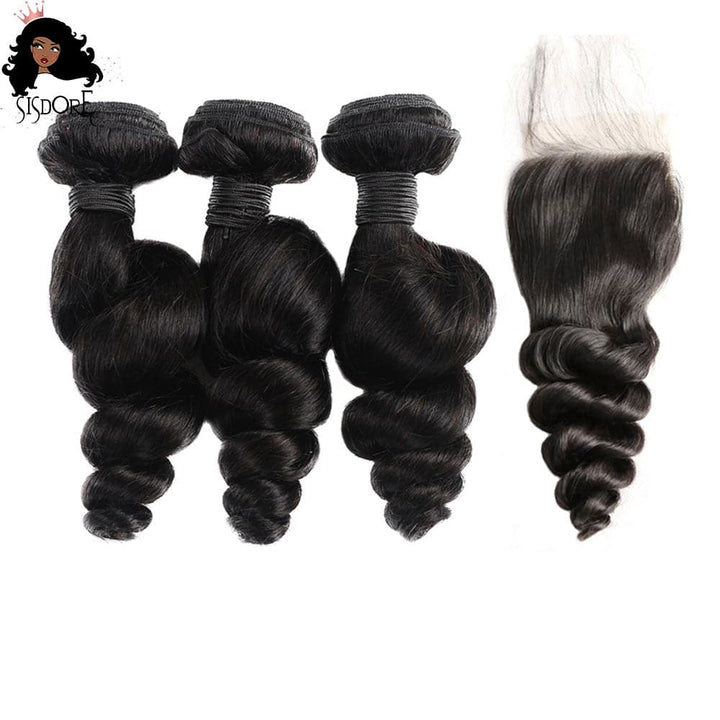 Loose wave virgin Brazilian hair weaves with lace closure