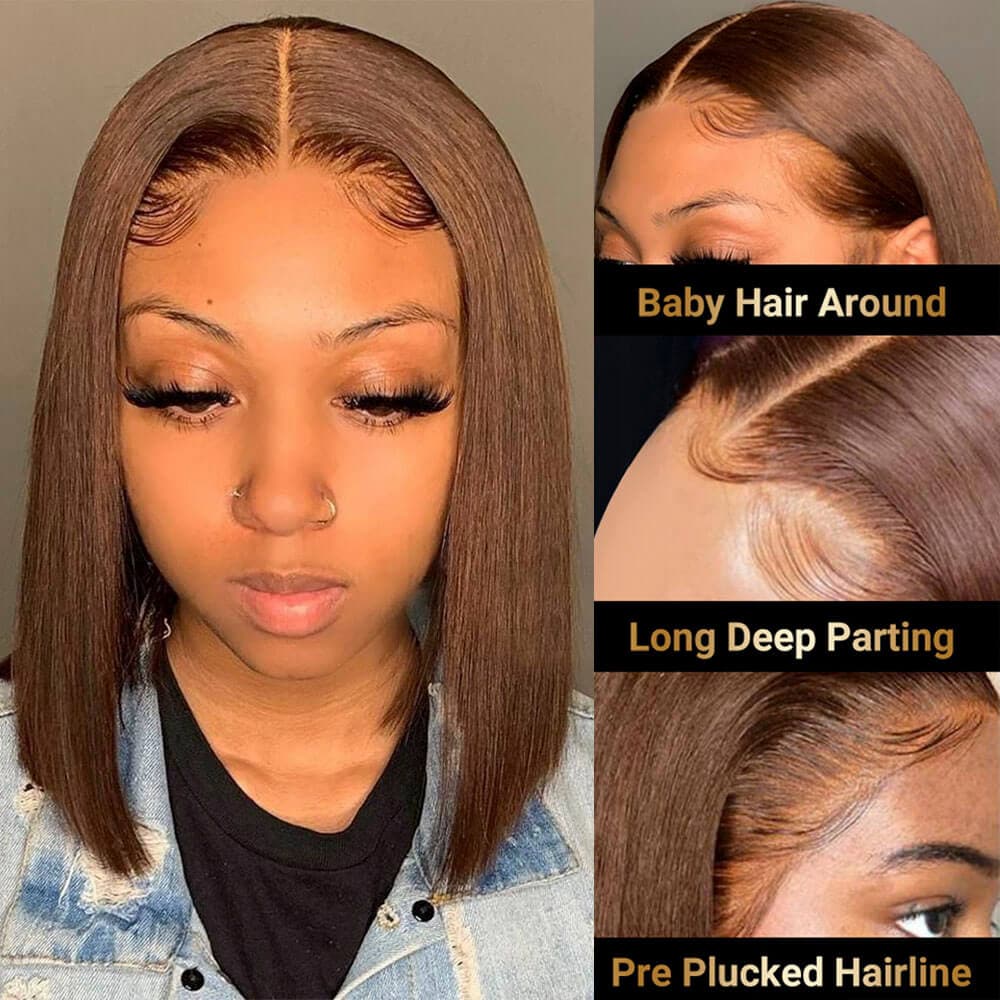 Medium Brown Short Straight Lace Wigs | Color #4 Bob Wig  display picture 3