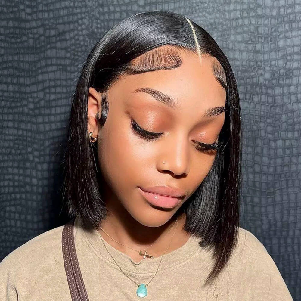 Black Straight Bob Wig, Short Human Hair Lace Wigs - 10 display picture 3