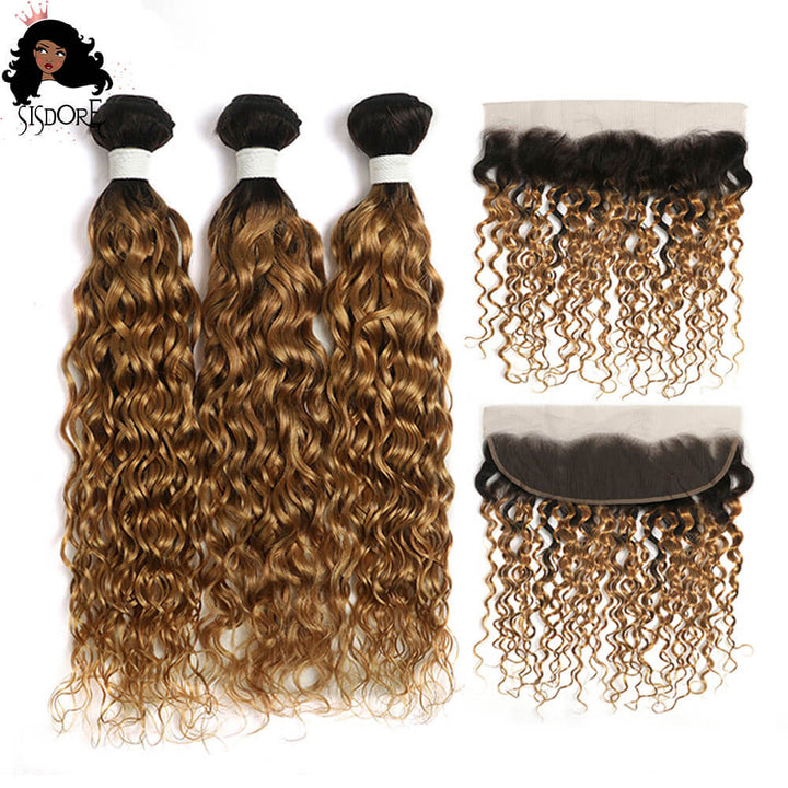 Ombre 1B/27 Wet and Wavy Honey Blonde Hair Bundles with 13x4 Frontal