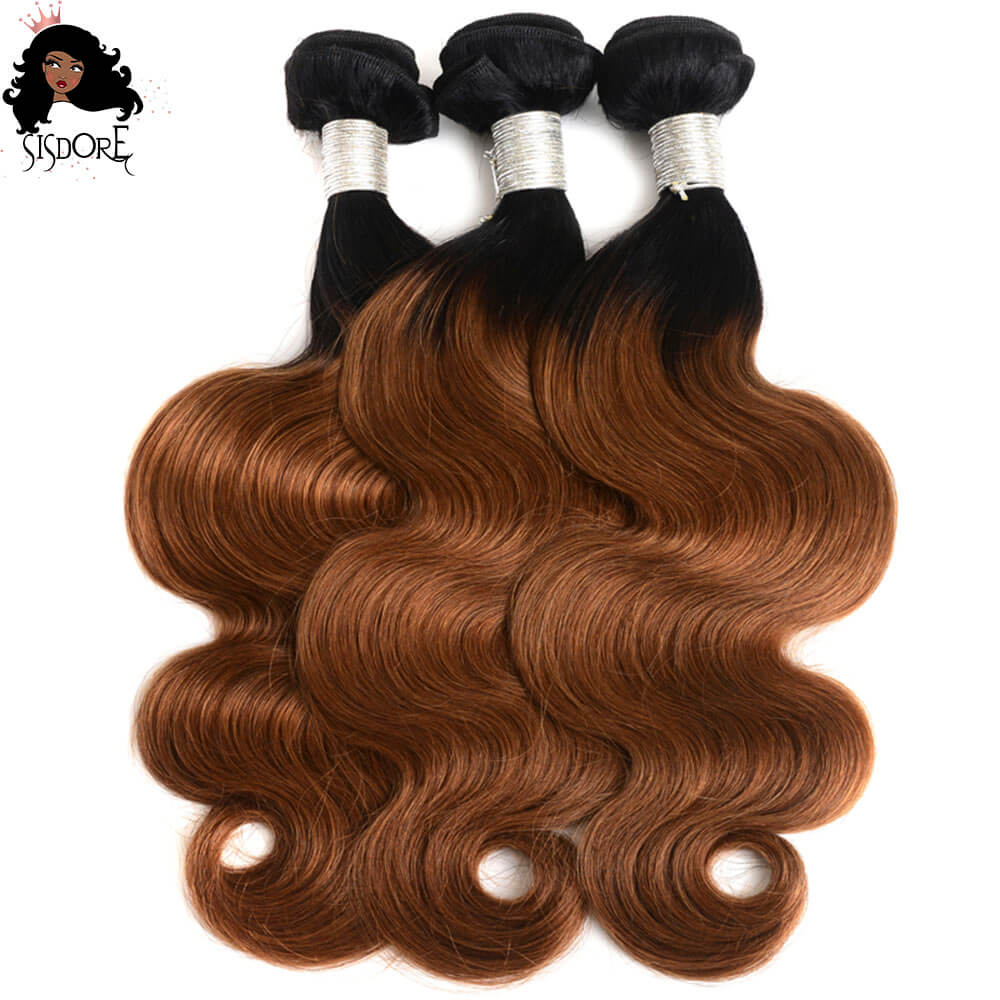Ombre auburn body wave hair bundles and closure 1b 30