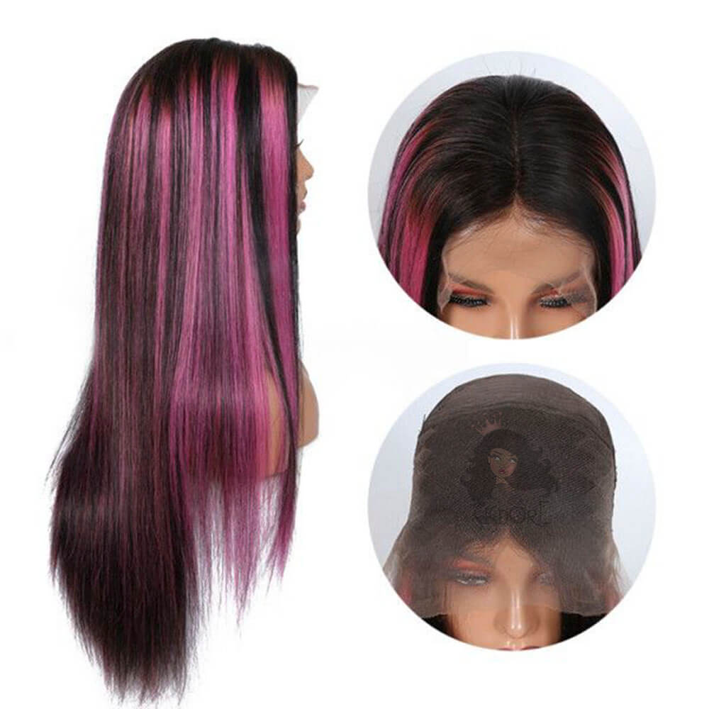 pink highlight wig - black hair with pink streaks - hot pink skunk highlights on black hair