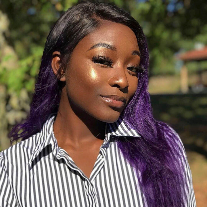 1B/Purple Hair with Black Roots Straight Human Hair Bundles with Closure Two Tone Color