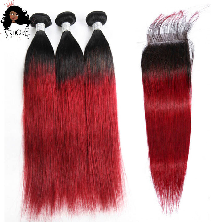 1B/Red Dark Roots Ombre Straight Human Hair Weaves 3 Bundles With 4x4 HD Lace Closure