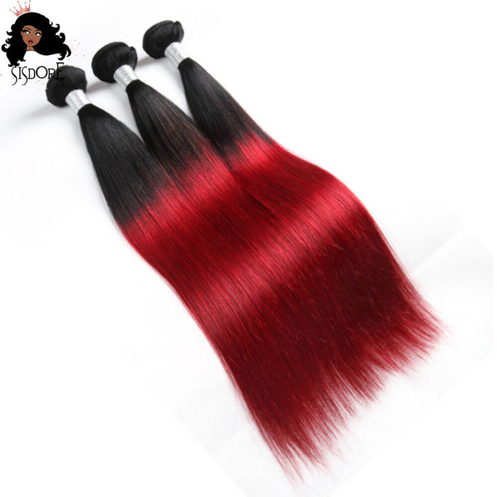 1B/Red Dark Roots Ombre Straight Human Hair Weaves 3 Bundles