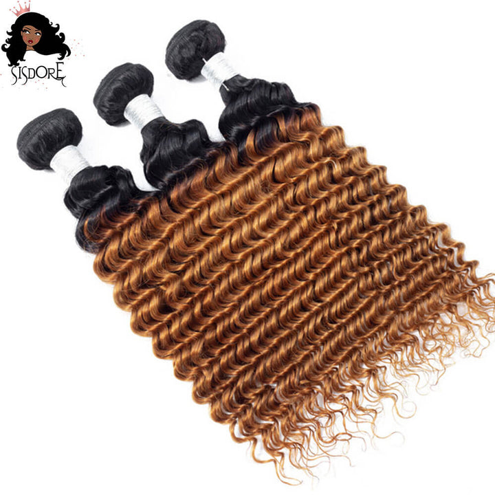 T1B/30 Deep Wave Light Auburn Brown Hair With Black Roots Brazilian Hair Weaves 3 Bundles