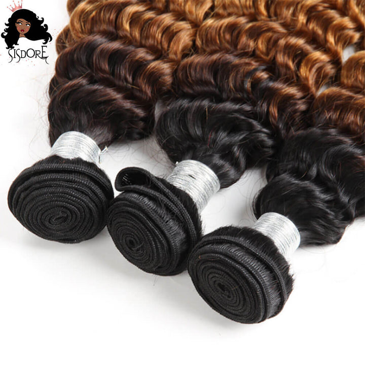 T1B/30 Deep Wave Light Auburn Brown Hair With Black Roots Brazilian Hair Weaves 3 Bundles