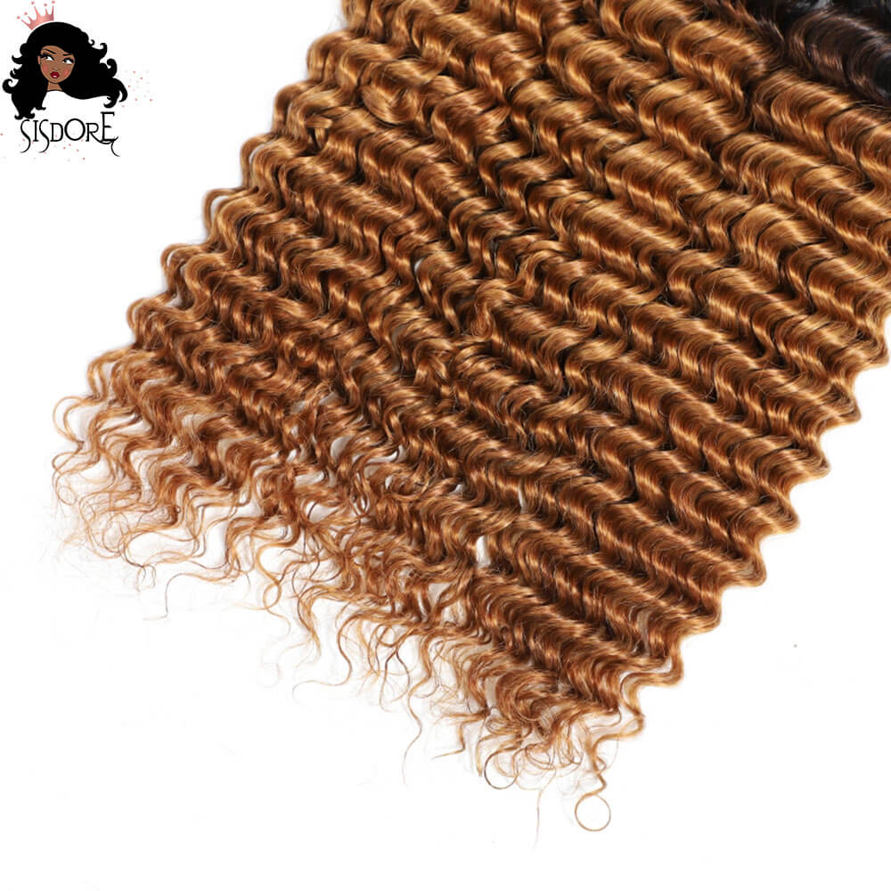 T1B/30 Deep Wave Light Auburn Brown Hair With Black Roots Brazilian Hair Weaves 3 Bundles
