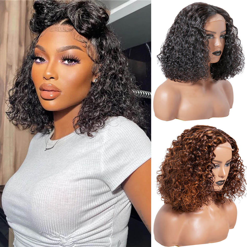Short Black Curly Lace Wigs, Water Wave Highlight Bob Wig