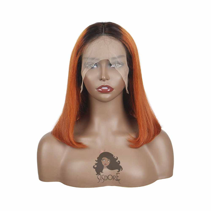 Short Ginger Human Hair Bob Wig with Black Roots