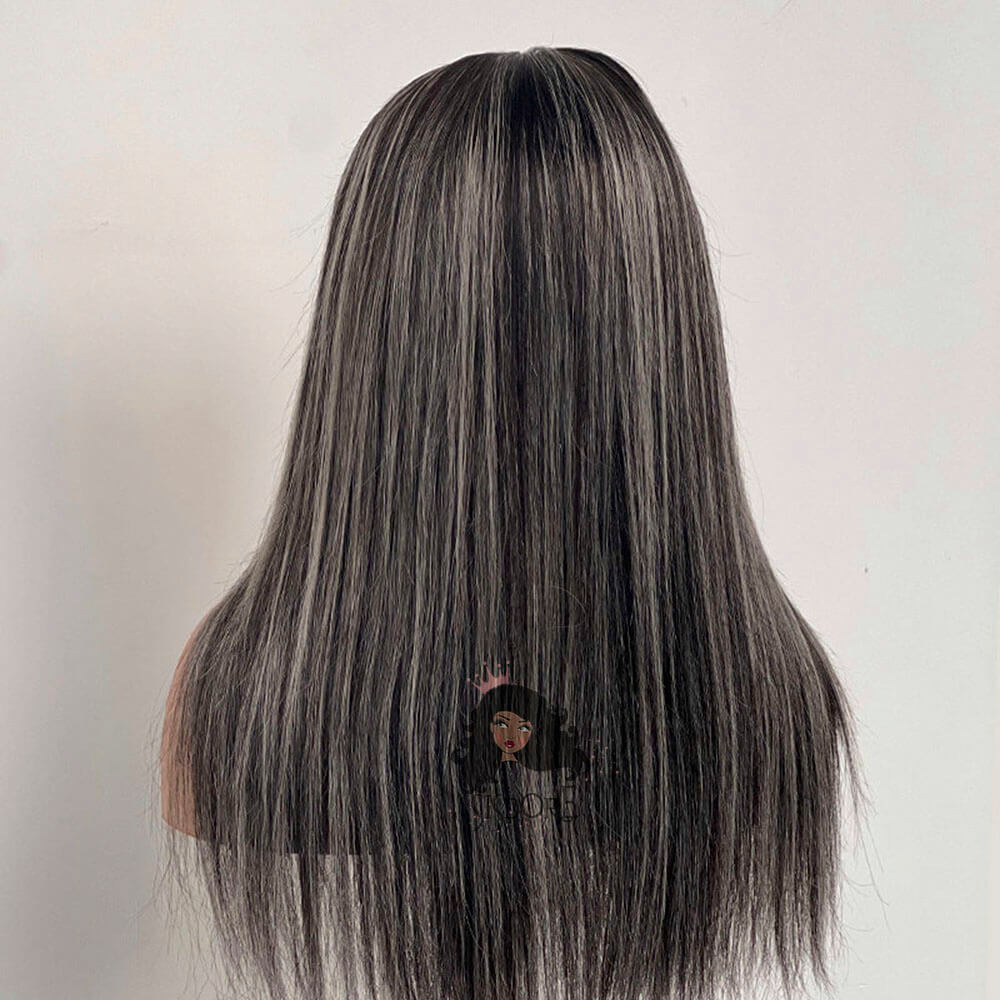 Straight black wig with gray highlights, human hair lace front