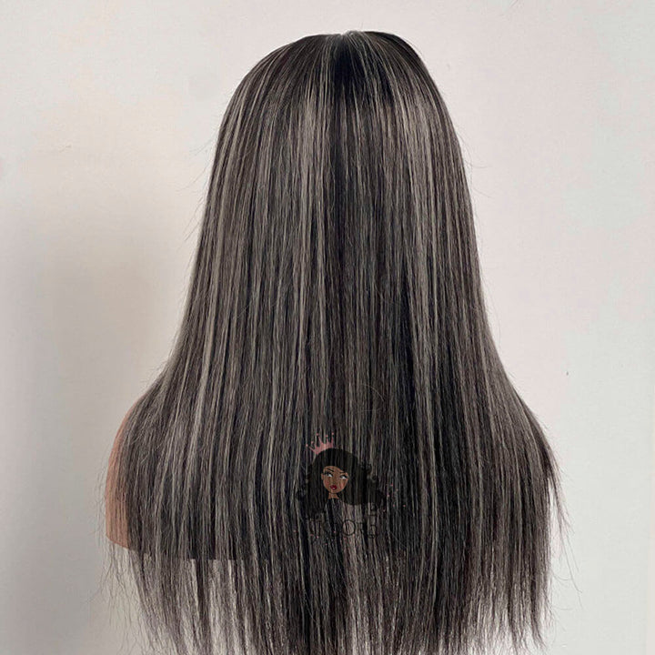 Straight black wig with gray highlights, human hair lace front
