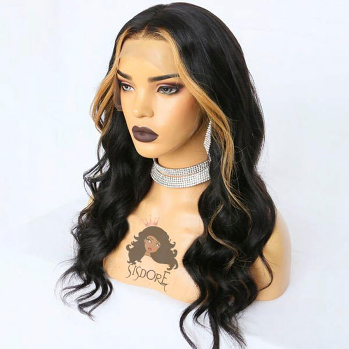 Skunk Stripe 1B 27 Highlight Strawberry Honey Blonde Streaks In Front Body Wave Human Hair Wigs