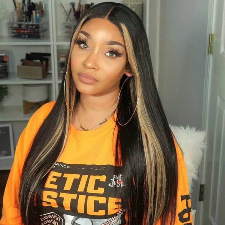 Skunk Stripe Human Hair Wig Blonde Streaks on Black Straight Hair