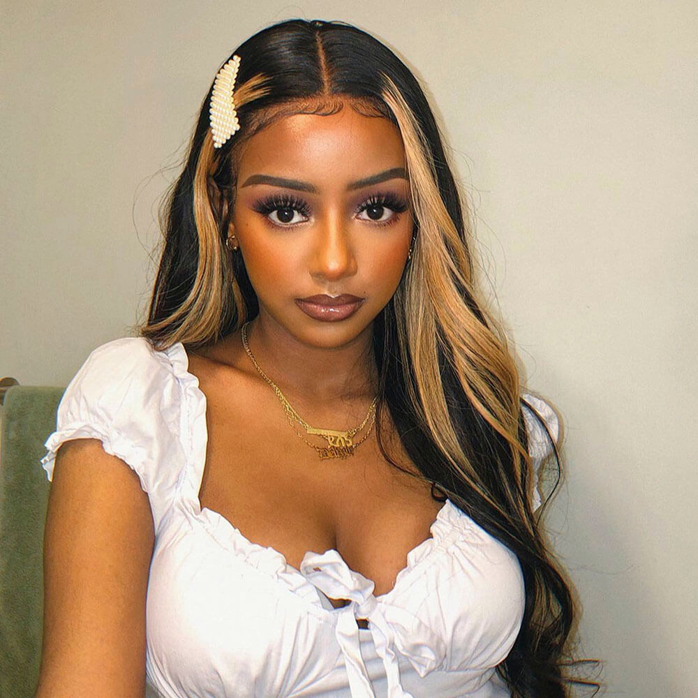 Skunk Stripe Lace Front Wigs | Black Wig with Blonde Streaks  display picture 1