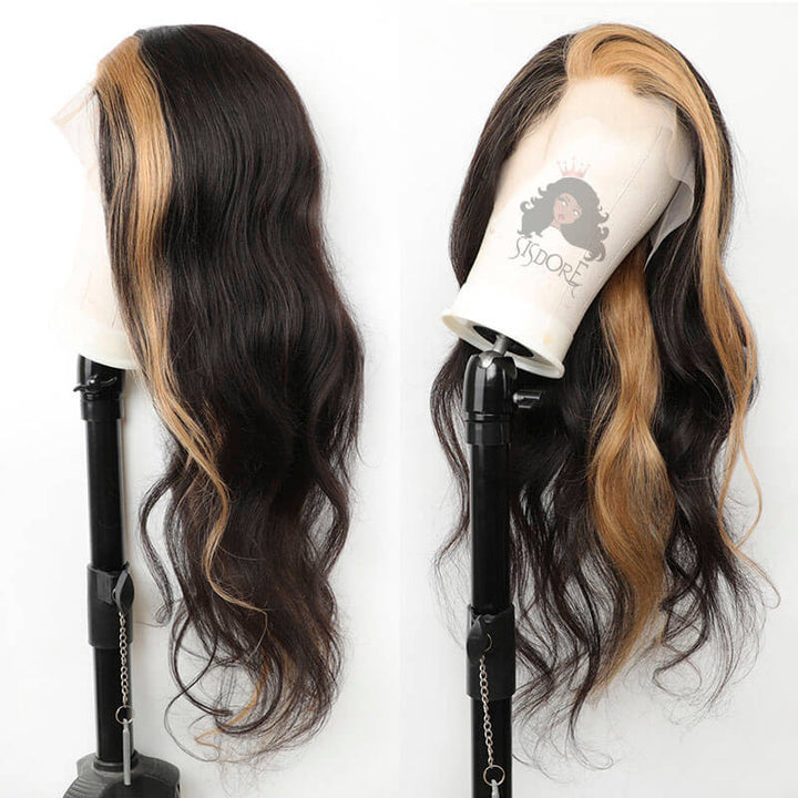 Skunk Stripe human hair wig - blonde streaks in black hair 1b/27 body wave lace front wig