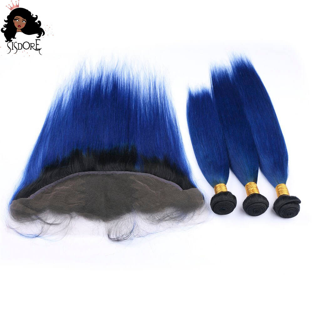 Straight Blue Ombre Human Hair Weave with Lace Frontal