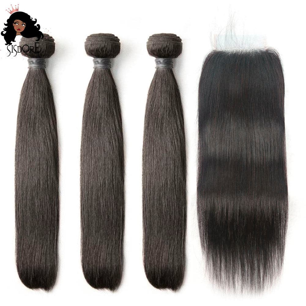 Straight black Brazilian virgin hair weaves 3 bundles with 4x4 lace closure